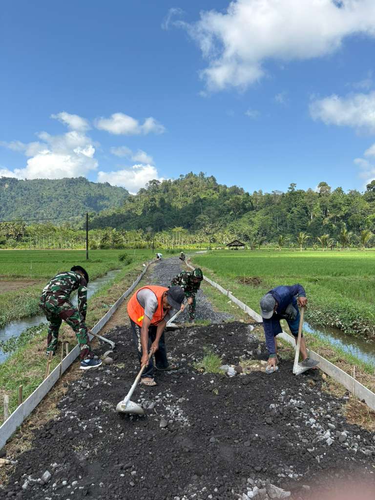 Anggota Satuan Tugas (Satgas) TNI Manunggal Membangun Desa (TMMD) ke-126 Kodim 0818/Malang-Batu, termasuk personel dari Satuan AURI, bahu-membahu bersama masyarakat setempat mencangkul dan meratakan tanah. Aktivitas padat ini dilakukan untuk menyiapkan lahan secara optimal sebelum pengecoran jalan usaha tani. ​